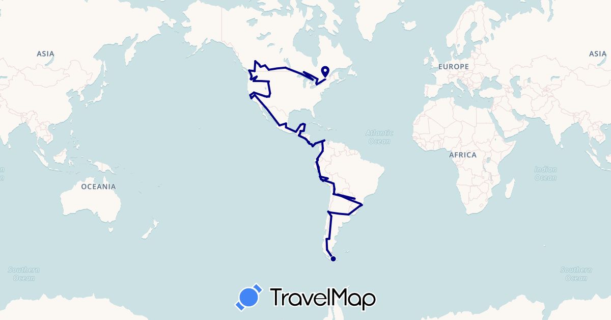 TravelMap itinerary: driving in Argentina, Bolivia, Brazil, Belize, Canada, Chile, Colombia, Costa Rica, Ecuador, Guatemala, Mexico, Nicaragua, Panama, Peru, El Salvador, United States (North America, South America)